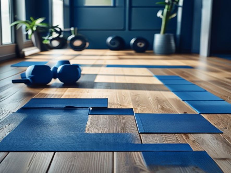 Minimalist workout equipment arranged on a wooden floor
