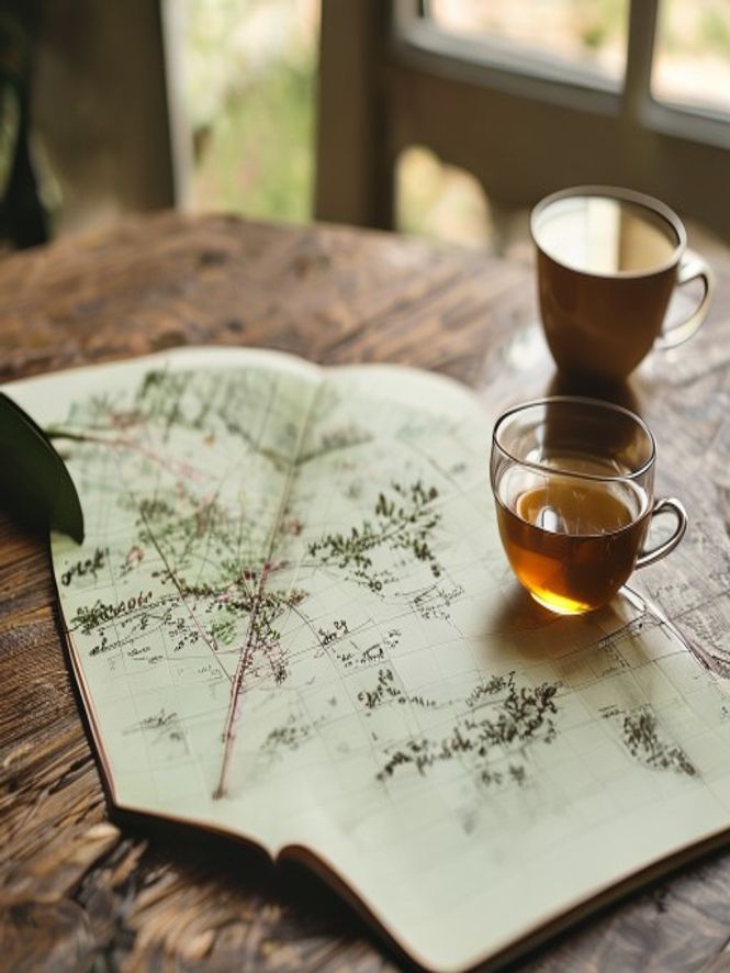 Close-up van fietskaart en routeplannernotities op een tafel met koffie